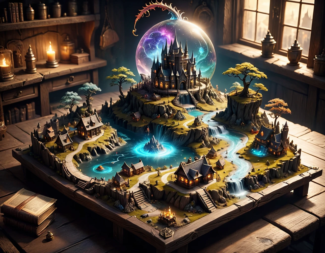 magical map of a miniature fantasy town, 3d, holographic, worn at the edges, the town appears to be floating above the map, magical lay lines connecting locations, the map is lying spread on a sorcerer's ancient wooden table, the maps is made with colorful multi-hued magic ink, high quality, incredibly high detail, imagination, 8k, fantasy art, vivid colors, s Knight，Mage，Flying Dragon，Trolls，tyle-paintmagic, Clutter-Home, Clutter-Mechanical, crystal clear,, very detailed, atmospheric haze, Film grain, cinematic film still, shallow depth of field, highly detailed, high budget, cinemascope, moody, epic, gorgeous, 2000s vintage RAW photo, photorealistic, Candid camera, color graded cinematic, eye catchlights, atmospheric lighting, skin pores, imperfections, naturals, shallow dof intricate, elegant, fantasy art, portrait, dark, retro, ecstatic, plain, powerful, realistic,, (masterpiece:1.3),(best quality:1.3),8k, highestres, absurdres, perfect composition, realistic proportions, ultra sharp, perfect shadows, highly detailed, epic, photorealistic, atmospheric lighting, naturals, shallow dof intricate, high realism