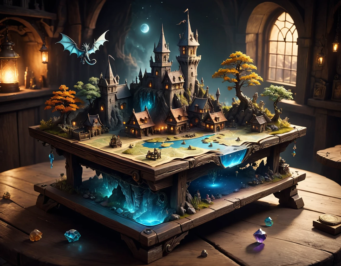 magical map of a miniature fantasy town, 3d, holographic, worn at the edges, the town appears to be floating above the map, magical lay lines connecting locations, the map is lying spread on a sorcerer's ancient wooden table, the maps is made with colorful multi-hued magic ink, high quality, incredibly high detail, imagination, 8k, fantasy art, vivid colors, s Knight，Mage，Flying Dragon，Trolls，tyle-paintmagic, Clutter-Home, Clutter-Mechanical, crystal clear,, very detailed, atmospheric haze, Film grain, cinematic film still, shallow depth of field, highly detailed, high budget, cinemascope, moody, epic, gorgeous, 2000s vintage RAW photo, photorealistic, Candid camera, color graded cinematic, eye catchlights, atmospheric lighting, skin pores, imperfections, naturals, shallow dof intricate, elegant, fantasy art, portrait, dark, retro, ecstatic, plain, powerful, realistic,, (masterpiece:1.3),(best quality:1.3),8k, highestres, absurdres, perfect composition, realistic proportions, ultra sharp, perfect shadows, highly detailed, epic, photorealistic, atmospheric lighting, naturals, shallow dof intricate, high realism