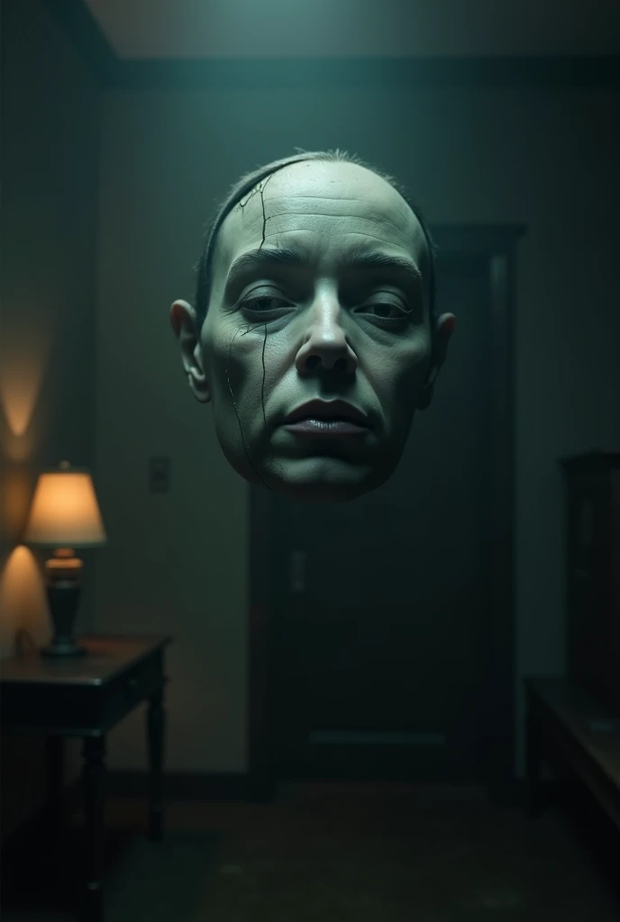 Make a dark room with a lamp above making it throw light towards the floor, The light reveals a floating face that only has eyes, eyebrows and mouth, los ojos formados por micrófonos y las eyebrows and mouth por ondas de sonido

la cara no tiene cabeza, only eyes, mouth and eyebrows