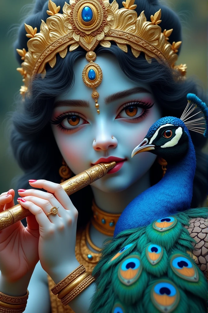 A 18 years old boy with blue skin tone and peacock feather on head and ketki flower in left ear and wearing so many jweleries and holding flute