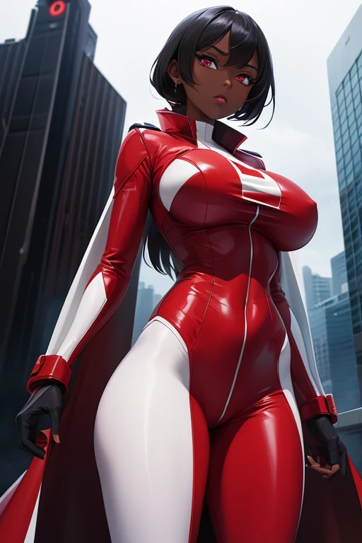 Girl, with giant breasts, by white, broad, crimson eyes, red spy suit, ebony black skin.