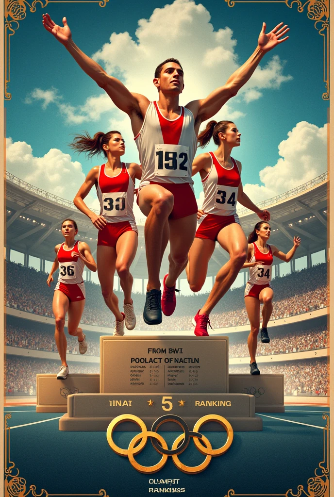 Poster for school sports about olympic and medals at bottom with ranking and to majestic and empirical