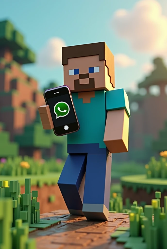 A Minecraft guy holding a cell phone showing the WhatsApp logo but in the Minecraft world,