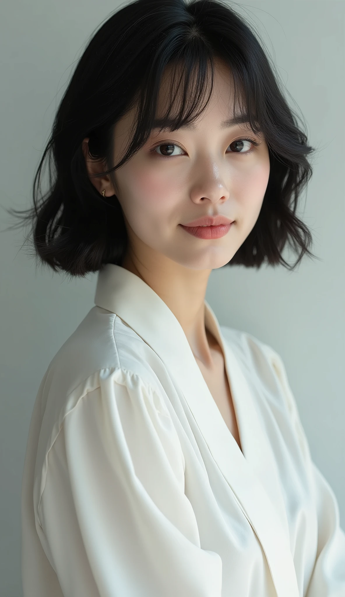 (masterpiece, 1girl, Japanese, 4, short black hair, (wearing a white blouse:1.2), subtle smile, studio lighting)