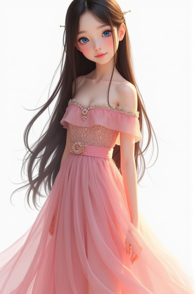 Beautiful korean girl with blue eyes aging around  brown straight long hairs wearing baby pink fancy full body covered top and skirt colour white 