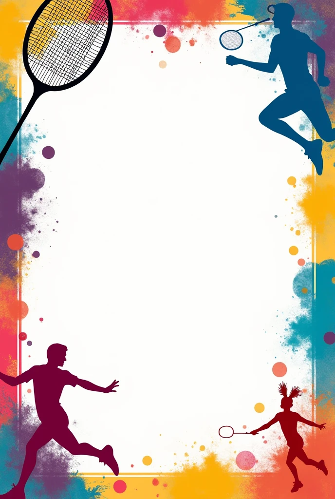 A4 sheet having blank space in center and its boder have "badminton racket, cock and player design" In multi bright color