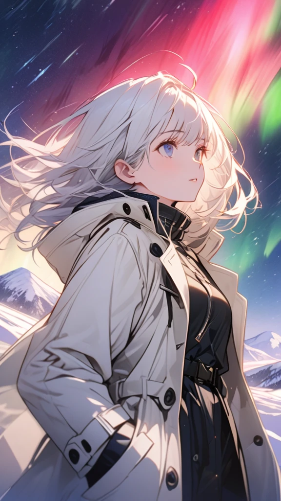 Beautiful girl with white hair,Open white long trench coat,Black lining,Snowy mountain tops,Starry Sky,Meteor,Put your hands in your pockets,Look up at the Starry Sky,panoramic,Character Close-up,midnight,Aurora
