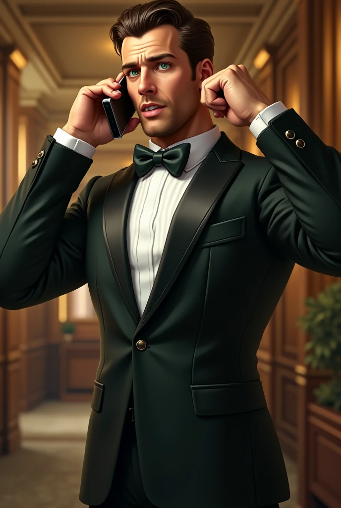 A muscular guy with green eyes in a tuxedo flexing his body, pose-busy on a phone call, realistic 