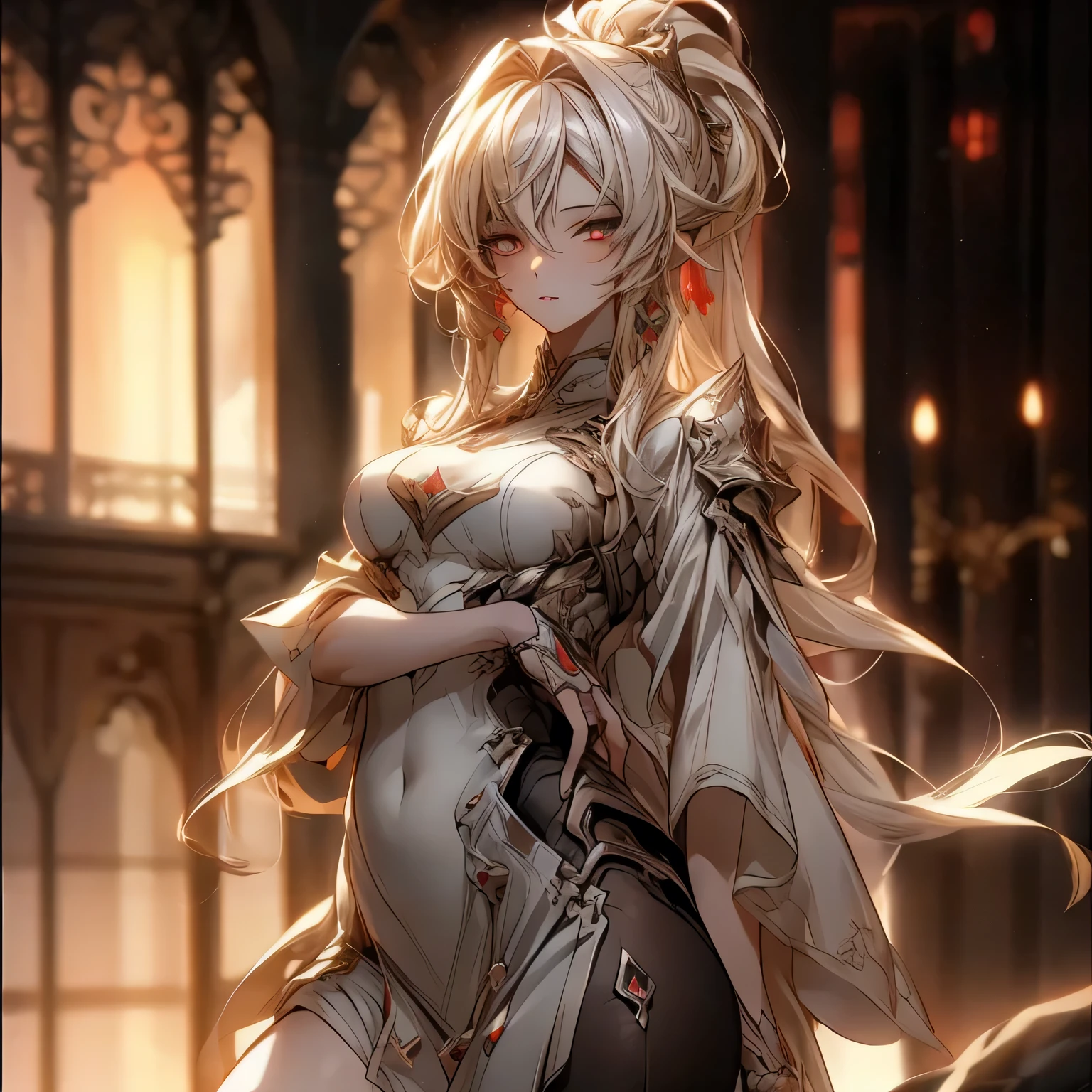 (best quality)), ((Masterpiece)), (details:1.4), 3d, HDR (high dynamic range), an image of a beautiful cyberpunk female, Blonde hair, High ponytail, Sleek style, Red eyes, hips up, จมูกโด่ง, ปากแดง, หน้าอกใหญ่, nvidia RTX, PBR surface, After processing, Anisotropic filtration,depth of field, Maximum clarity and clarity, multi-layered surface, Subsurface scattering, perfect proportions, 8K raw files, ultra detailed, Perfect proportions, volumetric lighting, soft lighting, Holy Knight, Light Red Armor, glossy skin, castle background, jewely, ต่างหู, นิ้วมือสมบูรณ์,