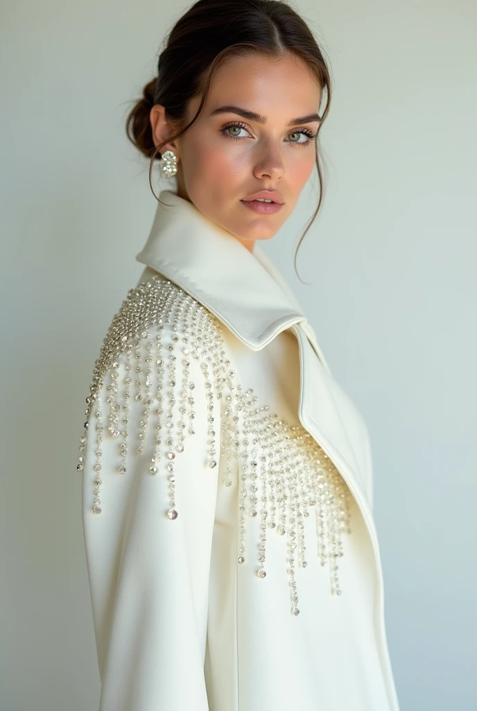 European woman model wearing white coat with rhinestones