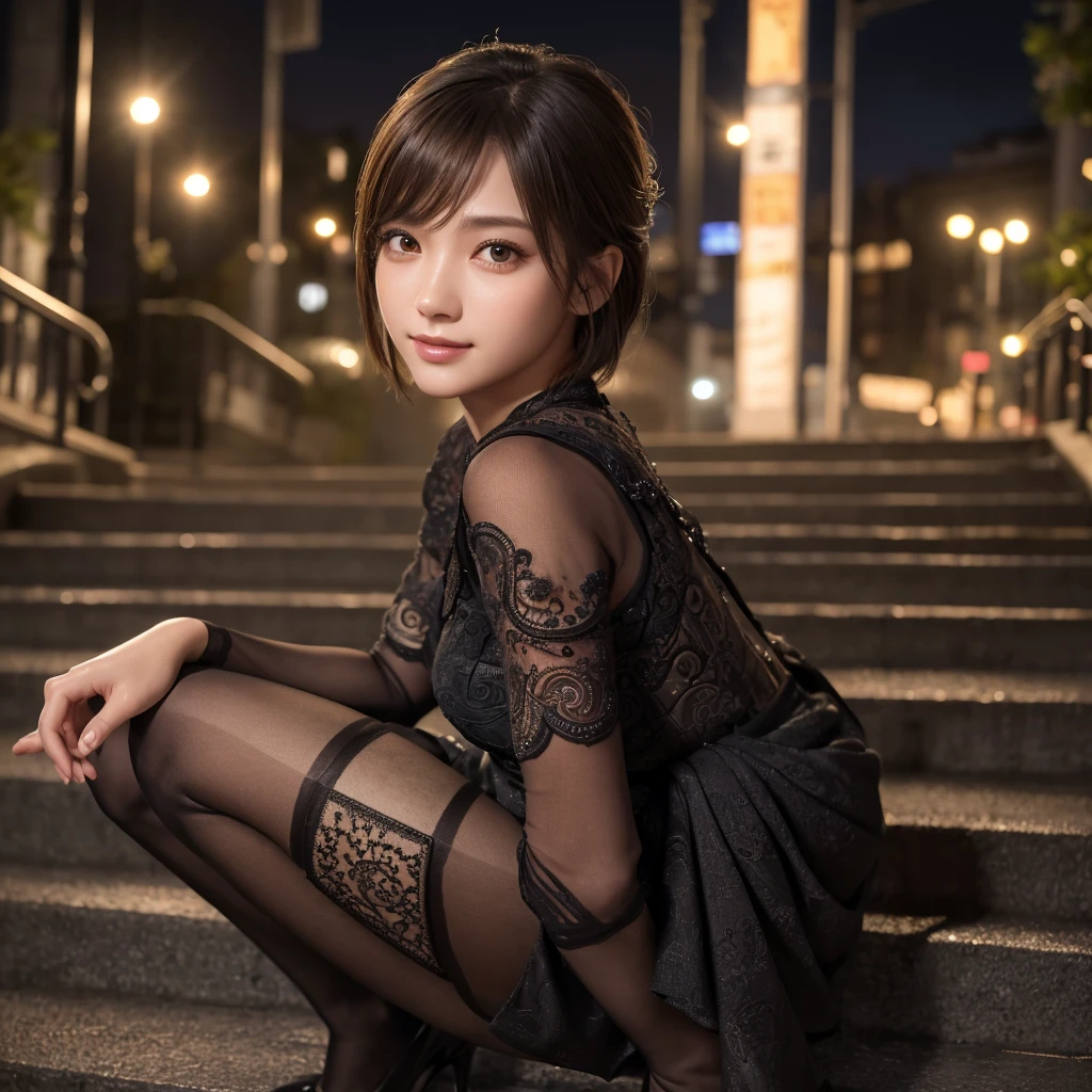 8K RAW Photos、High resolution、1 daughter、Layered Hair、Formal Shirt、Formal Skirt、smile、Long eyelashes、Beautiful double eyelids、eye shadow、Beautiful slim legs、(super Realistic pantyhose:1.3)、short hair、In front of the station at night、Stairs at night、Squat、Please sit down、Luxury High Heels、(Intricate details:1.4),(Realistic:1.4),Octane Rendering, 複雑な 3D レンダリングのVery detailed, Soft studio light, Rim Light, Sharp details, Very detailed, Realistic skin texture, Surface Details, Beautiful eyes in every detail, Highly detailed CG Unity 8K wallpapers, Compensate, (Detailed Background:1.2),