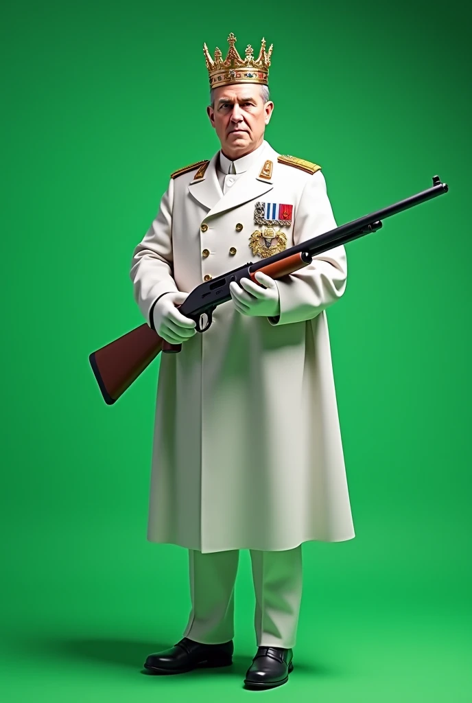 Front full viewed, Military governor general standing with handed long shot gun, Male, King's crown on head , white uniform,  plain green screen background 