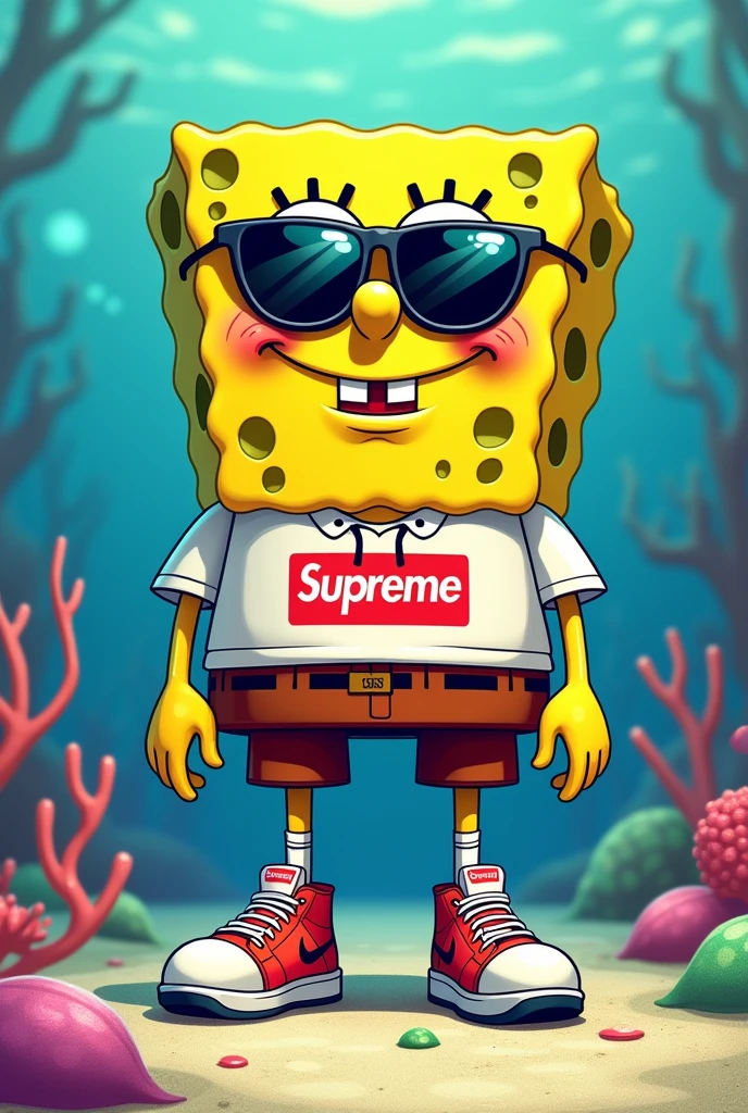 SpongeBob squarepants but with supreme drip shirt and Nike shoes and shades 