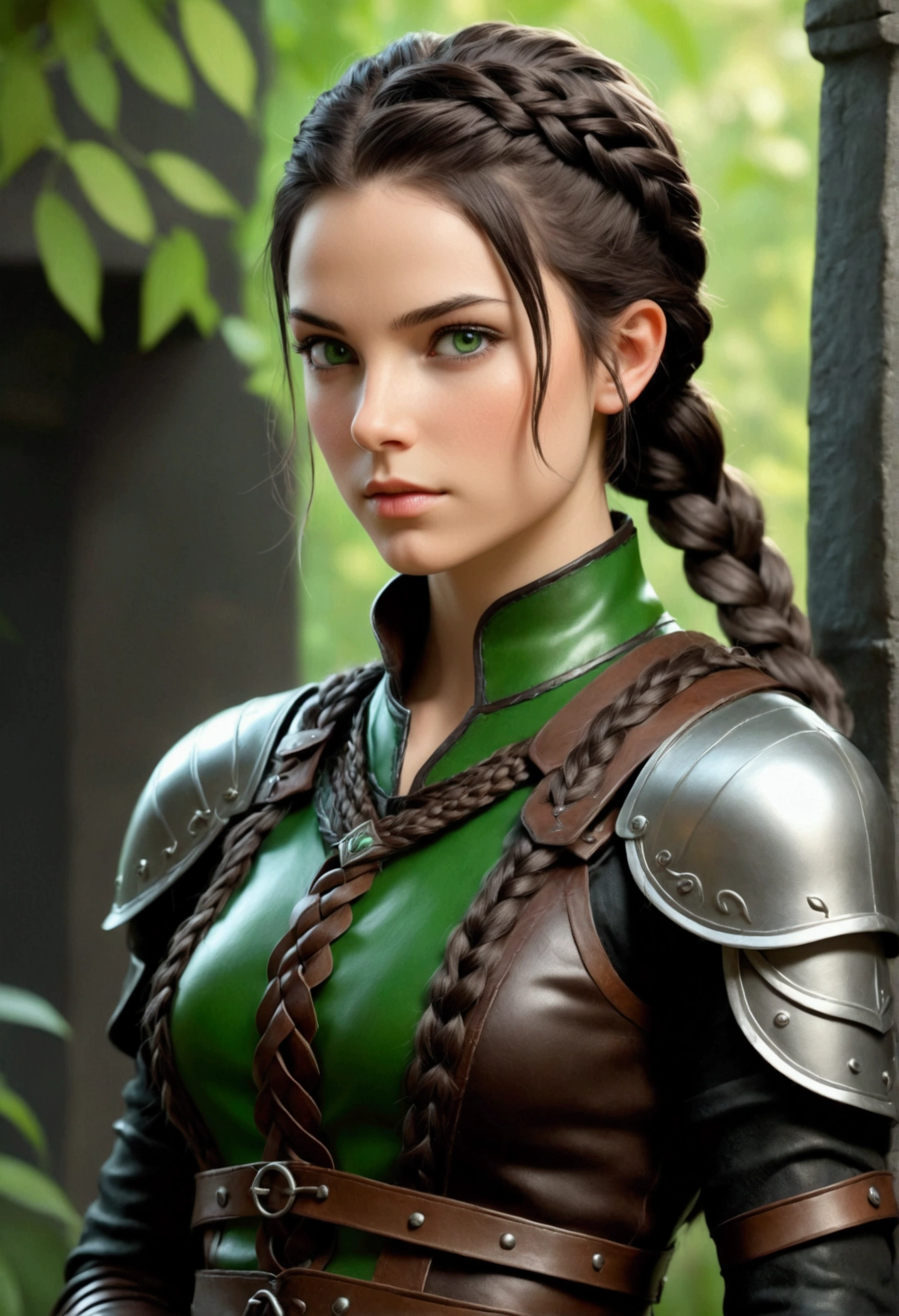 Pretty female shifter, short stature, with lush, almost black in color, hair, which he braids tightly, thick braid. dressed in leather armor. slim, prominent chest. green eyes, Cunning, even with a hint of mischief. Her skin is light. On the skin in places (on the hands, I&#39;m tired) soft is visible, dark, smooth coat. It has a slightly flattened shape., cat-like, nose