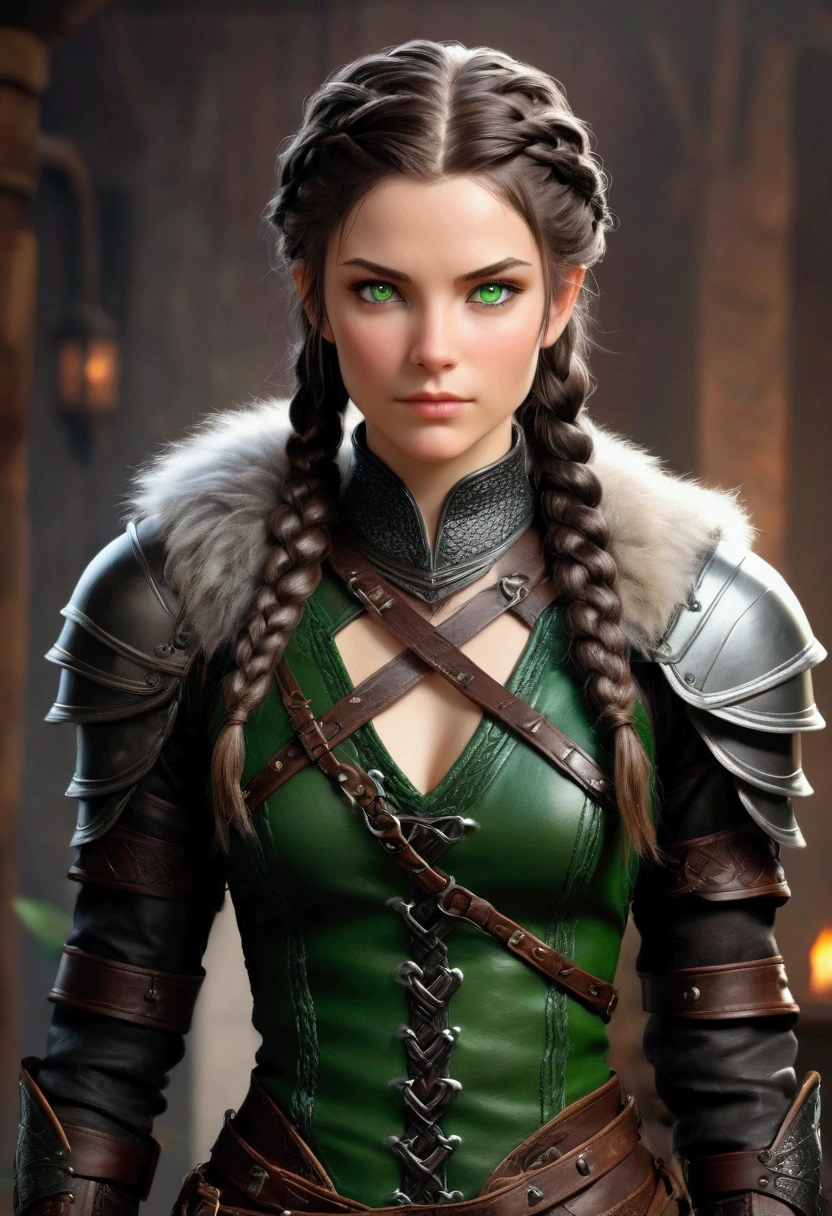 Pretty female shifter, short stature, with lush, almost black in color, hair, which he braids tightly, thick braid. dressed in leather armor. slim, prominent chest. green eyes, Cunning, even with a hint of mischief. Her skin is light, in places covered with soft, dark, smooth fur
