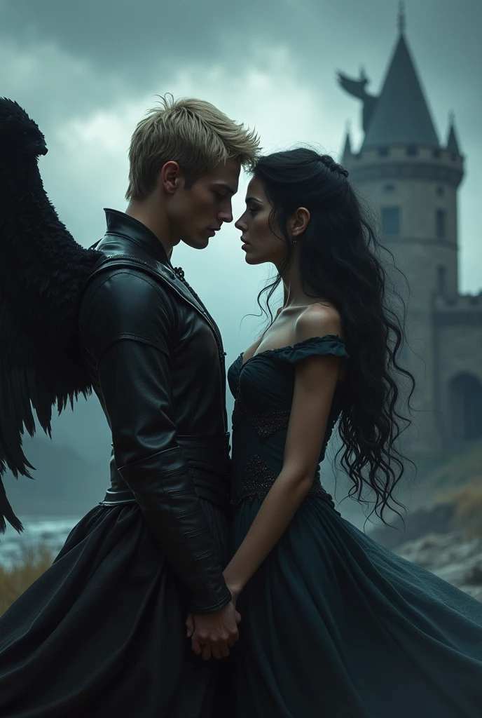 A fair haired male, half human and half phoenix wearing elegant clothes standing next to a beautiful 20 year old dark haired female, half human and half raven. The girl has black scary wings. They both are in love. They jave serious expressions. They are standing side by side holding hands with their backs visible. The background is dark with thunderstorms and with a crumbling castle far away.