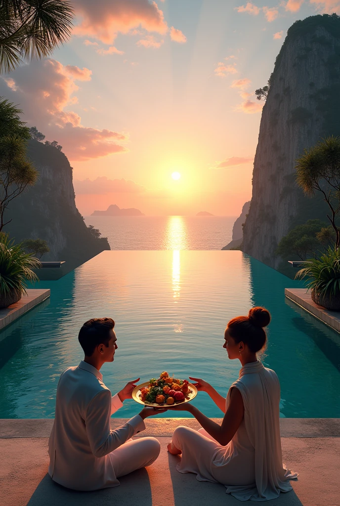 Offering food to a guest at the infinity pool