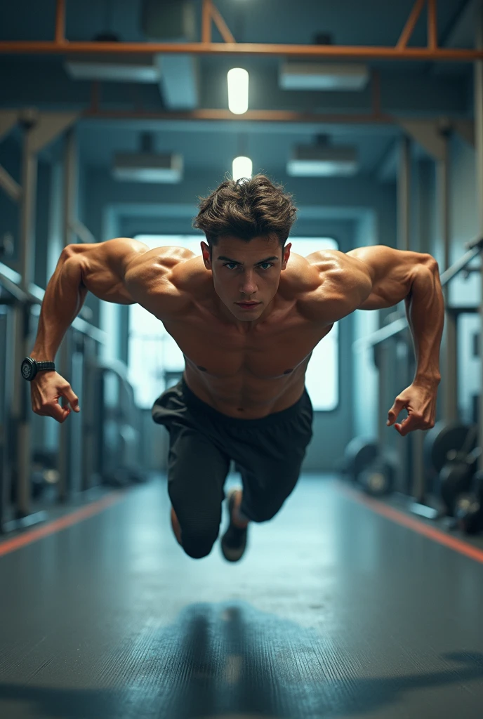 Boy doing workout in gym with high physics