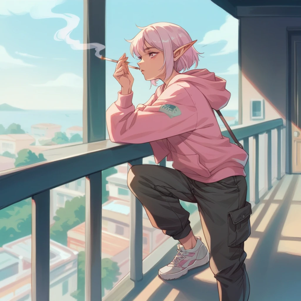 Elf woman wearing a pastel pink hoodie and black cargo pants on a balcony, smoking 