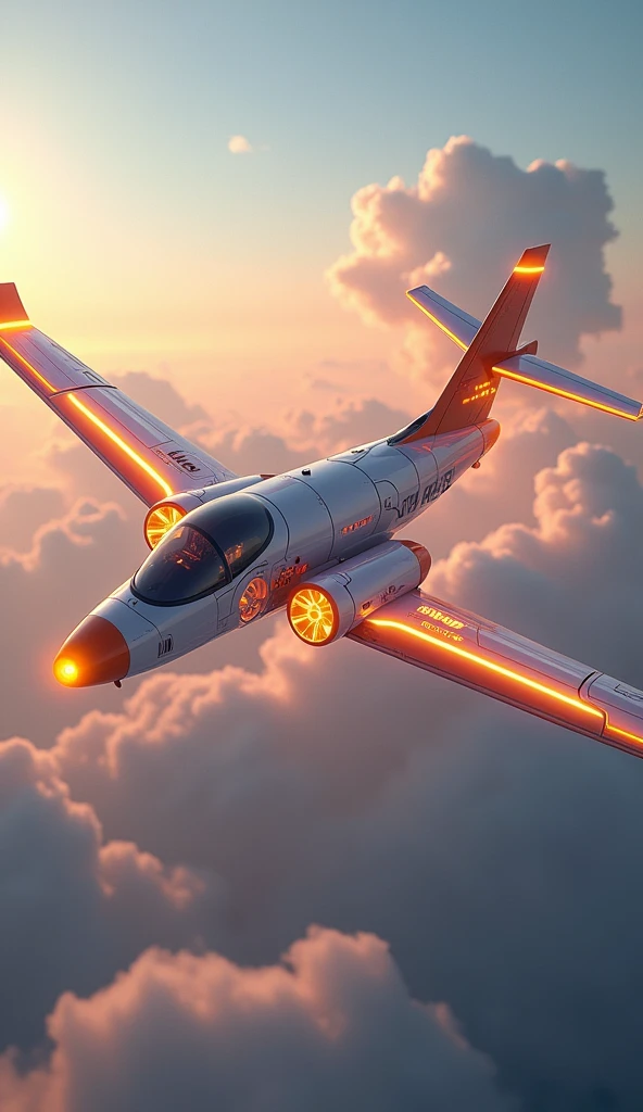 a phoenix airplane robot from white metal, soaring on the sky, metal reflection body, cinematic lighting, spreading the wings and gliding, gliding pose, glowing orange eyes, glowing steel orange wings, glowing steel orange tails, iron claw, bright color, morning glory cloud background, highly detailed, futurism, sci-fi theme