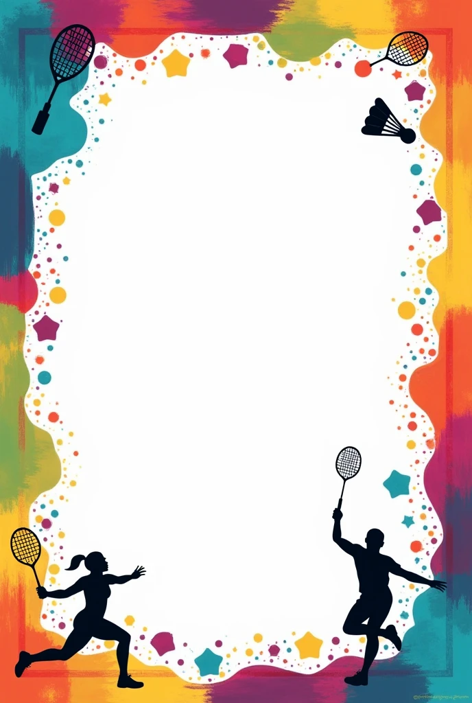 A4 sheet having blank space in center and its boder have "badminton racket, cock and player design" In multi bright color