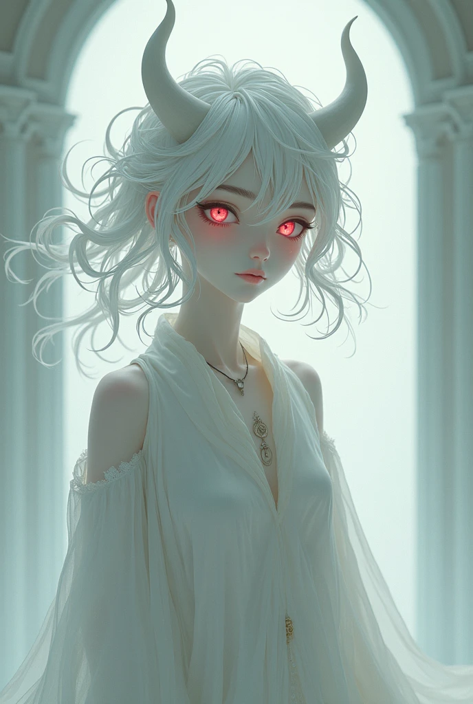 messy whinter hair, Totally white skin, red anime style eyes, red horns on the head in the middle of messy whinter hair, fair skin, gender: boy, Wears white clothes that blend in with his skin, full body image with small floating body.