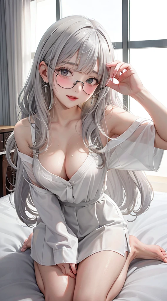 1Girl, 2, Solo, Anime, Ideal body, (Cleavage, Small breast, Hard Nipple). Beautiful, Gorgeous, Fresh, Blunt Bangs, (White Grey Hair:1.5),(Straight and Wavy Long Hair:1.3), colorful, suit, formal shirt, formal dress, perfect laced bra, cream bra, black bra, casual skirt, camisoles, cotton texture, laced, casual pants, Off-Shoulder, Oversize, Comfort, Loose shirt, Fabric Texture. (Seiza:1.3). Earrings, Thin Black Headband, Eye Glasses, Green Accessories, Environmental Details, Bed Room, Natural Light, Modern Bed, Chair, Window, White Curtain, City View. pov, anime style, UHD, retina, masterpiece, accurate, anatomically correct, textured skin. High Resolution, Looking at the viewer, Blush, Best Quality, Award Winning, Accurate, Embarrassed, seductive smile, naughty smile, horny, sweating, Naughty Face, Chin up, lips open, Gradient Eye Color, Sexy Pose. In the top view shot, the body is bent to the viewer, in front of the camera, looking up to the viewer, tongue out, and with an open mouth. From Above, Close-Up, (sticky goo on breast), (white goo on body), (sweating). Milk, white milk on the breast. Hand correct, arm correct. 2 hand, 2 arm.