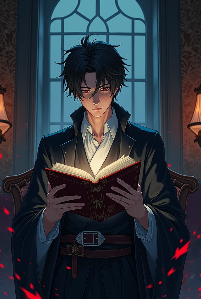 Create a close-up anime image of a yandere guy. He has long, disheveled black hair, large, sparkling eyes filled with a crazy light, pupils slightly constricted. He is dressed in classic Japanese clothing, a white shirt that has a few bloodstains on it. He has a dangerously tantalizing figure. He holds a bloody knife in his hand, his face has a creepy and maniacal smile on it, his mouth unnaturally wide and curved. In the background is a dimly lit torture room with bloodstains and graffiti on the walls. Broken books and shards of glass lie on the floor, creating an ominous and frightening atmosphere. He should seem possessed to the viewer, his eyes should be fixed on him with an expression of dangerous devotion and possessiveness. The image should be highly detailed, a masterpiece with excellent lighting and the best quality.