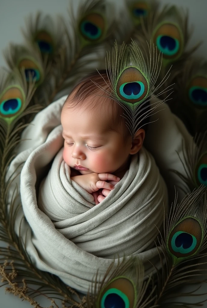 arafed  sleeping in a blanket with a peacock feather, a photo inspired by Anne Geddes, shutterstock contest winner, art photography, peacock feathers, 9 peacock tails, green feathers, peacock feather wrap the head, award winning studio photo, peacock colors, 9 brilliant peacock tails, peacock