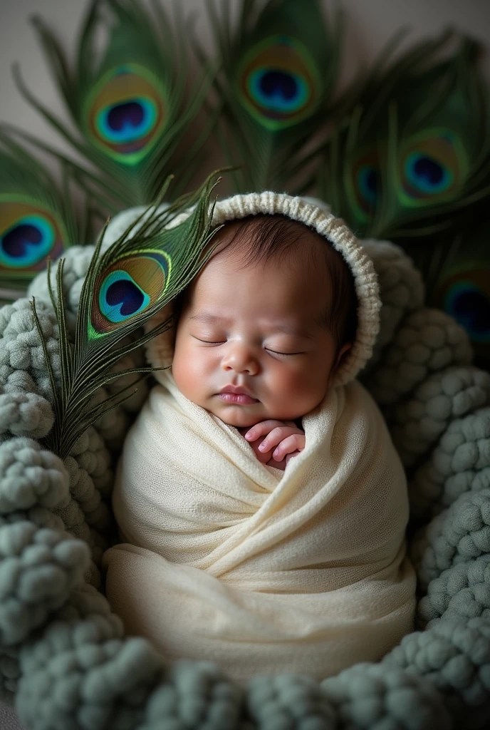 arafed baby sleeping in a blanket with a peacock feather, a photo inspired by Anne Geddes, shutterstock contest winner, art photography, peacock feathers, 9 peacock tails, green feathers, peacock feather wrap the head, award winning studio photo, peacock colors, 9 brilliant peacock tails, peacock