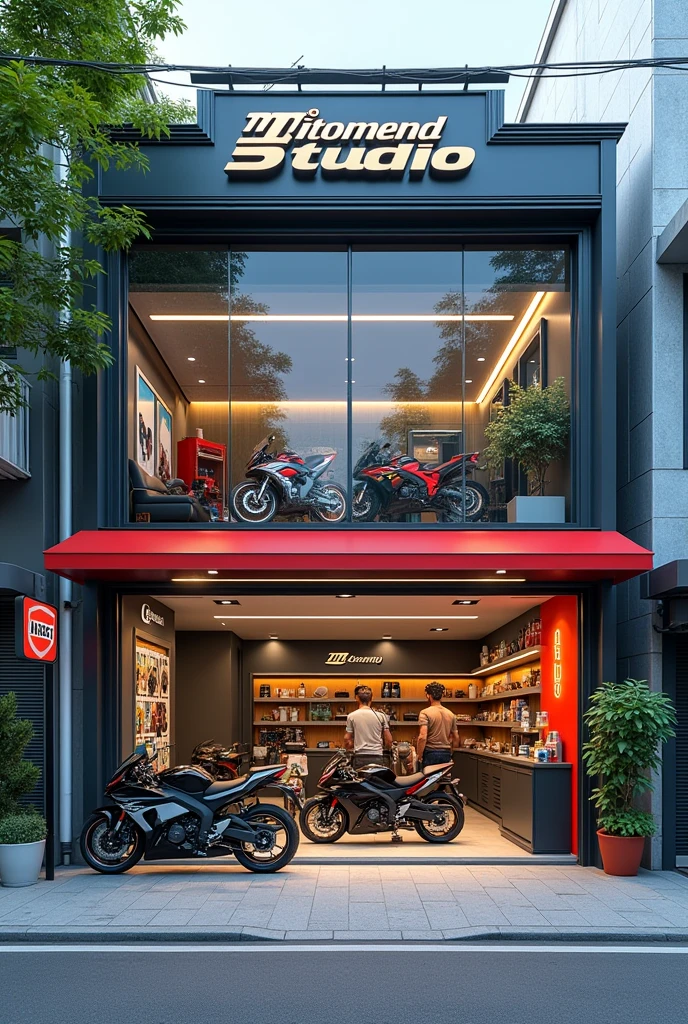 Generate a realistic, horizontally shop width lenthy more more expended part by part room 1 part Service point, 2 part waiting room, 3 part payment reciption same floor extended image of a one-floor bike servicing center named 'MotoMend Studio' in a roadside city area. The design should clearly show three sections: a service point with three mechanics working on bikes visible through a glass front, a customer waiting room with comfortable seating and customers waiting, and a reception area on one side. Also, include a corner with a showcase wall displaying parts, helmets, and engine oil. The center should be clean, organized, and modern. The exterior should feature a well-paved road, a few trees, and surrounding buildings, creating a lively city atmosphere. The 'MotoMend Studio' branding should be prominently displayed on the glass door and signage one floor and one side customer wait in sofa hand tea