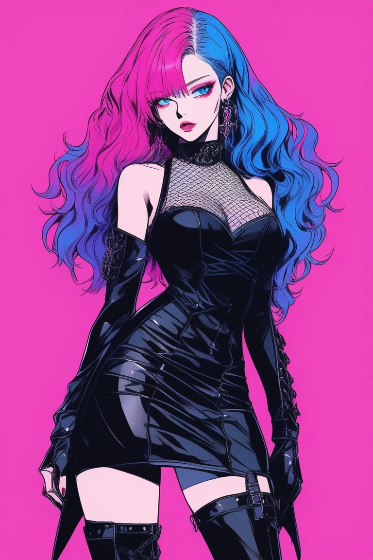 Illustrator, anime , Realistic ,sketch , 1 person, model, Portraiture, lip, Gothic Black split-off mesh dress and boots, Expose your shoulders, order, Blue and pink gradient background, Neon colored hair, Big Breasts, (((Upper Body))), (((look back))), Sexy look, Sexy pose, Texture Trim, Russia, (masterpiece,Highest quality)