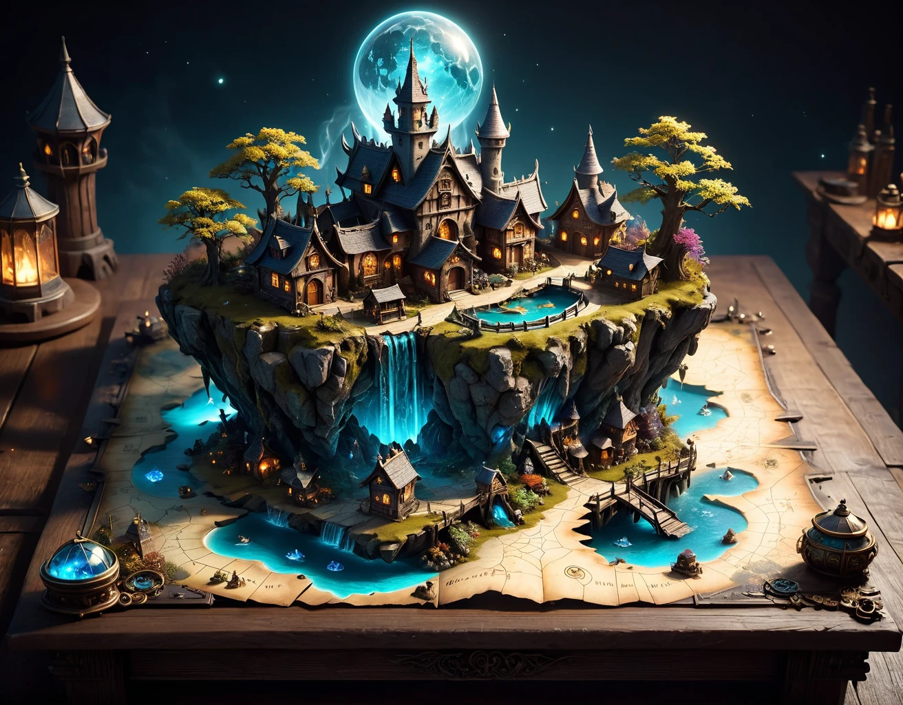 magical map of a miniature fantasy town, 3d, holographic, worn at the edges, the town appears to be floating above the map, magical lay lines connecting locations, the map is lying spread on a sorcerer's ancient wooden table, the maps is made with colorful multi-hued magic ink, high quality, incredibly high detail, imagination, 8k, fantasy art, vivid colors, s Knight，Mage，Flying Dragon，Trolls，tyle-paintmagic, Clutter-Home, Clutter-Mechanical, crystal clear,, very detailed, atmospheric haze, Film grain, cinematic film still, shallow depth of field, highly detailed, high budget, cinemascope, moody, epic, gorgeous, 2000s vintage RAW photo, photorealistic, Candid camera, color graded cinematic, eye catchlights, atmospheric lighting, skin pores, imperfections, naturals, shallow dof intricate, elegant, fantasy art, portrait, dark, retro, ecstatic, plain, powerful, realistic,, (masterpiece:1.3),(best quality:1.3),8k, highestres, absurdres, perfect composition, realistic proportions, ultra sharp, perfect shadows, highly detailed, epic, photorealistic, atmospheric lighting, naturals, shallow dof intricate, high realism