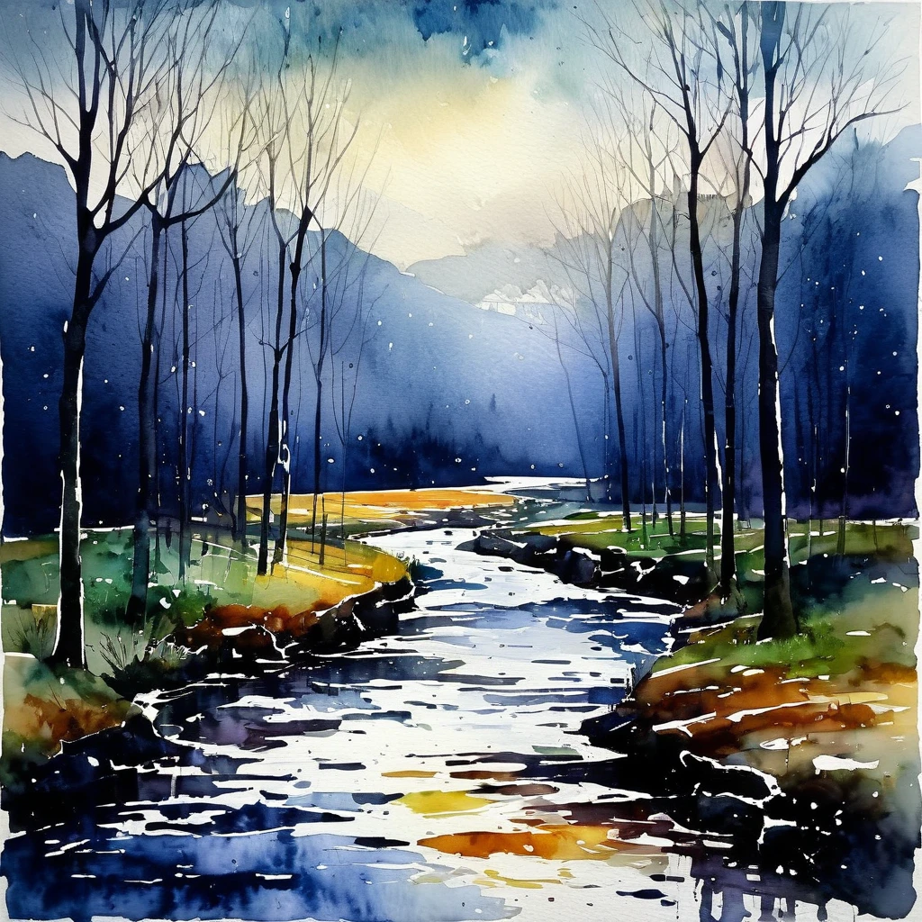 Landscape of primitivism, wet-to-wet watercolors, Dark and cold tones