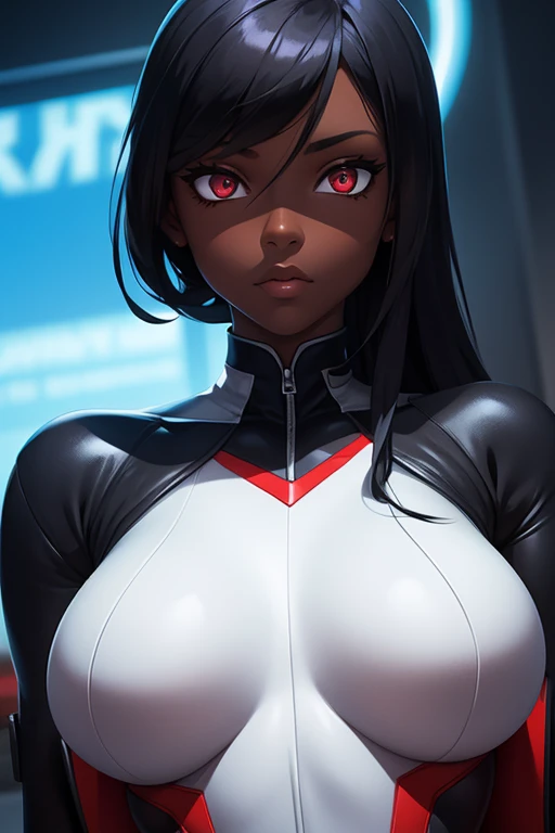 girl, With big breasts, white spy suit, long black fur, crimson eyes, futuristic armor, red lights, ebony black skin.