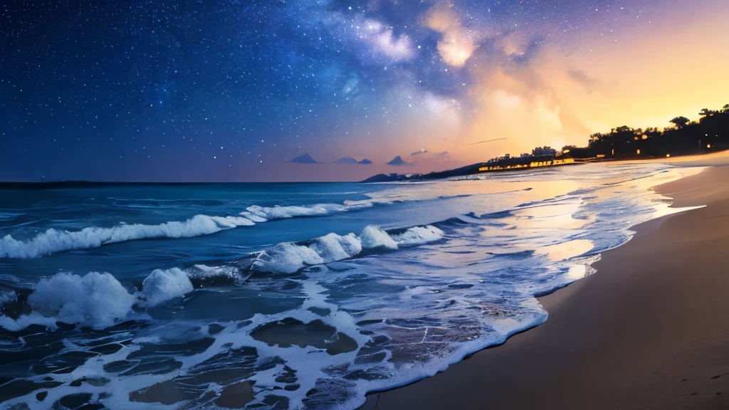 (masterpiece:1.2,Highest quality),Tropical Beach,night,Shooting with a wide-angle prime lens,Starry Sky,milky way,8k resolution