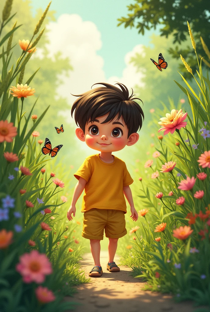 A boy in yellow grasses garden 
