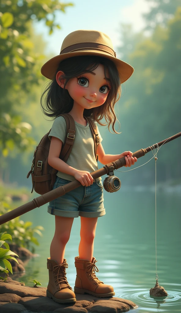 A cute, realistic girl fishes for black bass