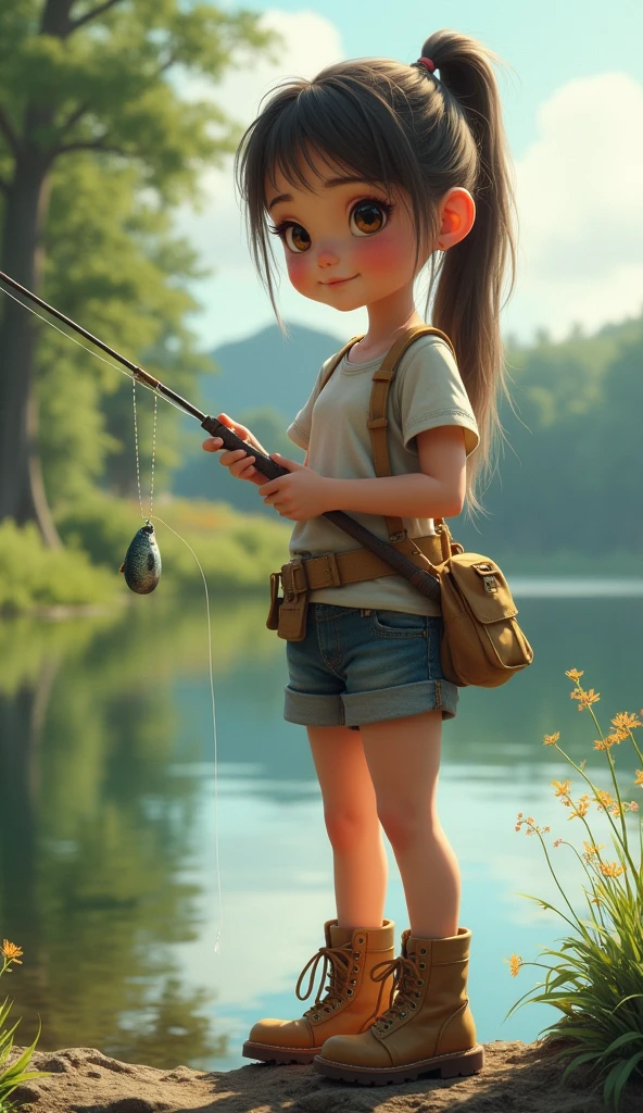 A cute, realistic girl fishes for black bass