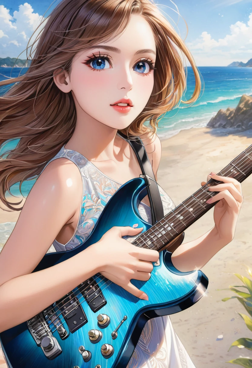 a beautiful woman in a sleeveless dress, elegant dress playing electric guitar, creative, Stage at the seaside、art, colored pencil drawing, detailed face and eyes, long eyelashes, delicate features, serene expression, natural lighting, vibrant colors, intricate textures, 8k, masterpiece, digital art、photorealistic,