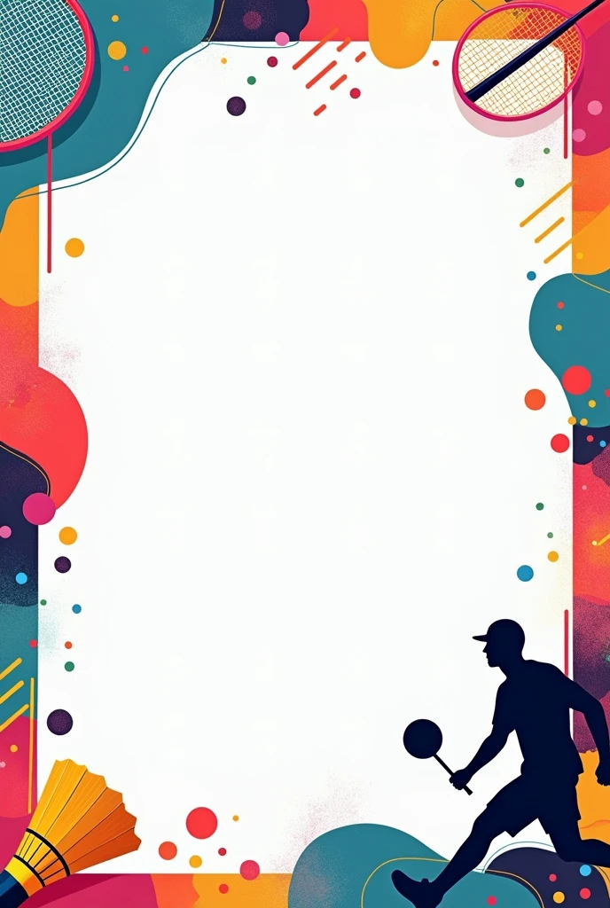A4 sheet having blank space in center and its boder have "badminton racket, cock and player design" In multi bright color