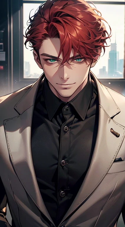 (best quality, masterpiece, 8K, photorealistic, cinematic lighting, hdr image, ultra detailed, beautiful image), a mature man, very handsome, smile, short grey red hair, green eyes, perfect face without errors, ((buttoning the jacket, CEO))