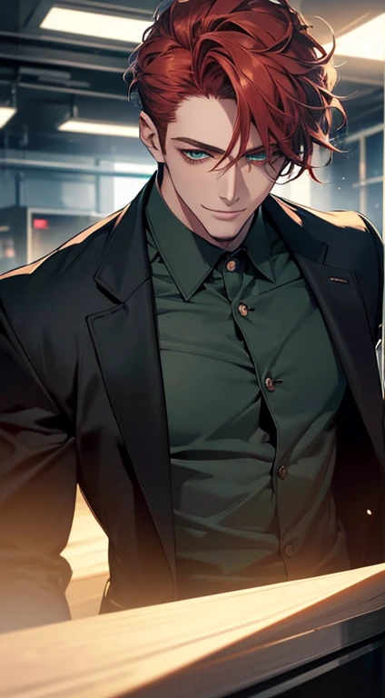 (best quality, masterpiece, 8K, photorealistic, cinematic lighting, hdr image, ultra detailed, beautiful image), a mature man, very handsome, smile, short grey red hair, green eyes, perfect face without errors, ((buttoning the jacket, CEO))