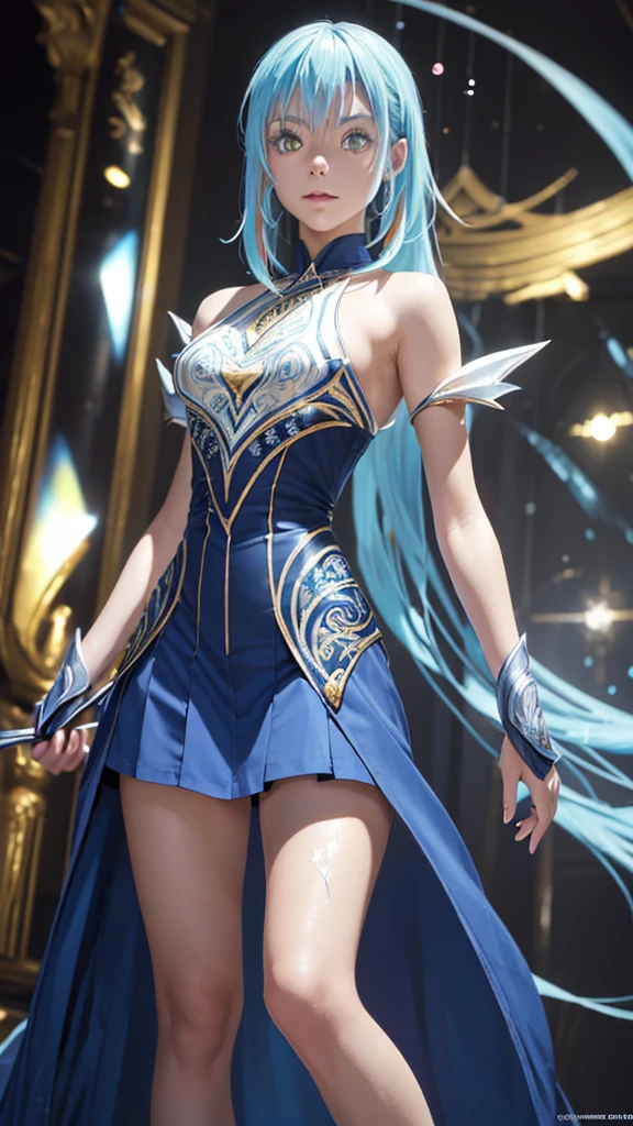 1girll, A high resolution, Masterpiece, Solo, anime big breast, absurderes, Detailed face, Perfect eyes, Azura (Fire emblem), Upper body, full bodyesbian, White dress, jewelry, White gloves, Cityscape, Holding, Golden Hoop Stick, Singing