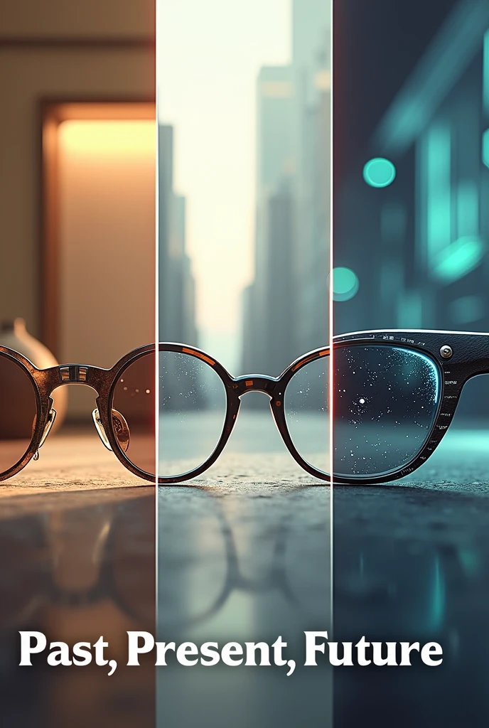 make a 3 pictures in one frame and put a text like past, present, future about evolution of eyeglasses. past, present and future of eyeglasses.