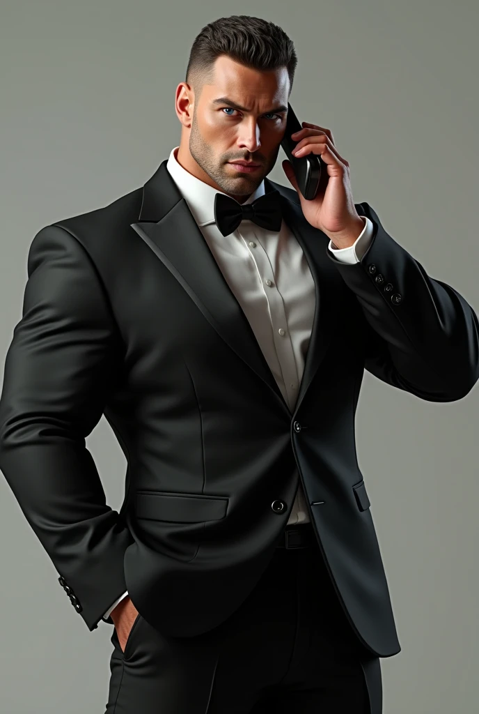 A muscular guy with blue eyes in a black tuxedo flexing his body, pose-busy on a phone call, realistic 