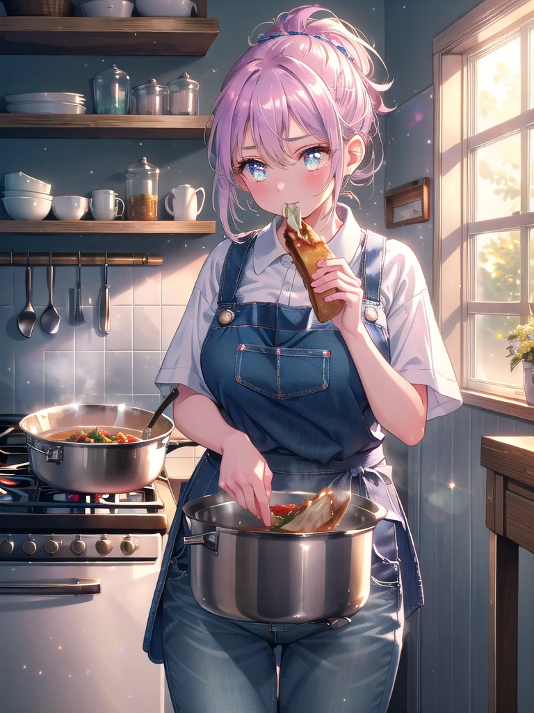 ((8k, Highest quality, masterpiece: 1.3)),Ultra-high resolution,(1 girl, alone), (Color changing eyes, Ultra-detailed, Expressive brilliance, Glitter, Glowing Eyes), Highly detailed eyes, Highly detailed face, Random Hair, ((pastel colour))A charming woman standing in the kitchen, stirring a pot on the stove. She’s wearing a simple apron over a striped T-shirt and jeans, with her hair loosely tied back. The soft evening light fills the room, creating a warm, homey atmosphere. She’s slightly furrowing her brow in concentration as she tastes the dish, looking up at the camera with a thoughtful, focused expression, as if she’s determined to perfect the meal for her boyfriend.
