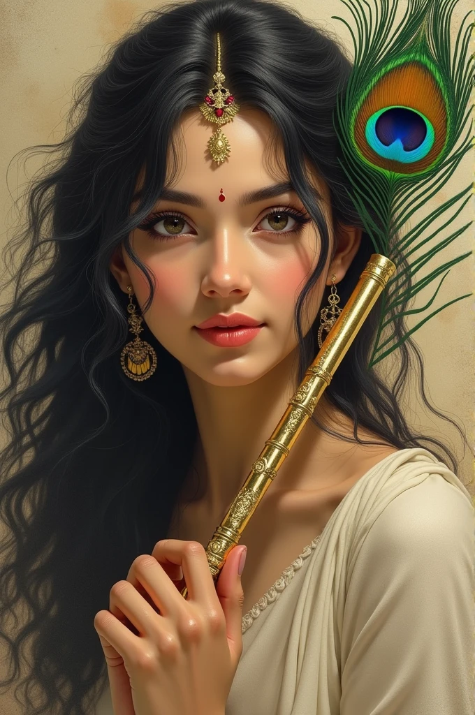 Radha, flute in hand, only face , peacock