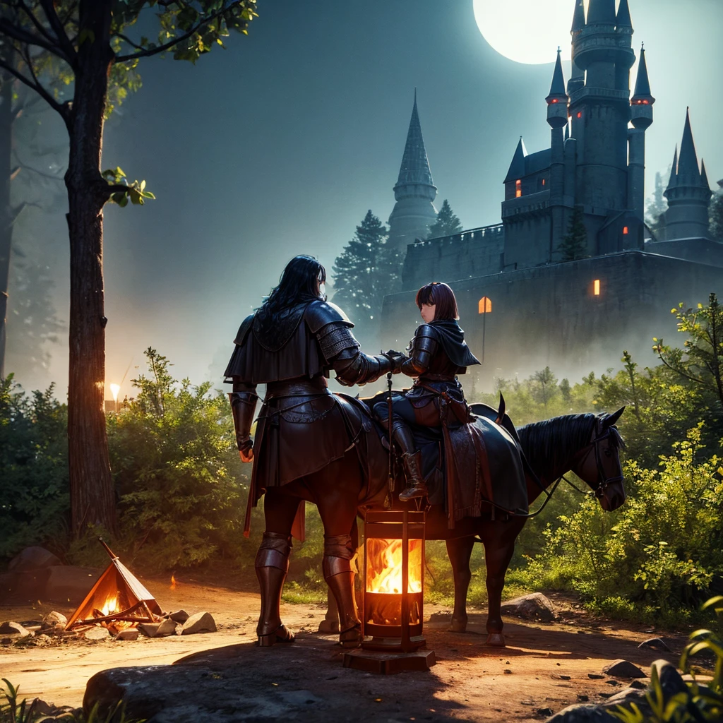Knight, Forest, campfire, moon, moonshine, 90s game, 3d game, 90s filter, low polygon. Fog, Dark Castle on background, Dark fantasy.