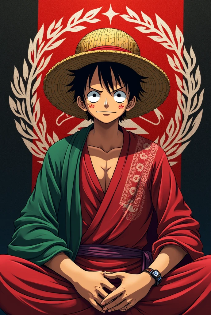 **“Luffy from *One Piece* sitting in kameez shalwar and an Afghan hat, with the Afghan flag drawn on his cheek. The background should be covered with the Afghan flag.”** make it real not should like ai